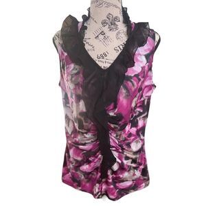 EUC Zac and Rachel Women’s Sz L Purple Ruffled Ruched Sleeveless Floral Blouse